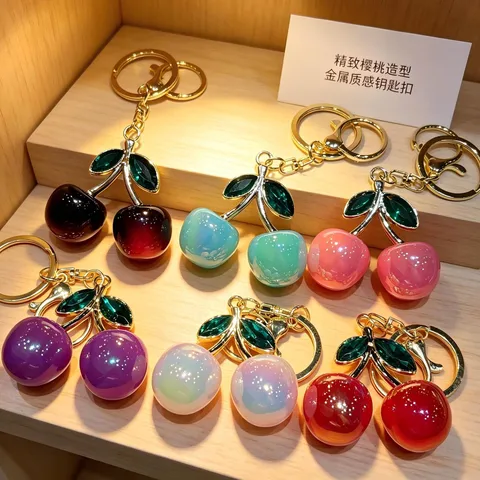 Creative Resin Cherry Keychain Cute Colorful Leaf Bag Pendant Fashion Metal Key Ring Charm Gift For Women