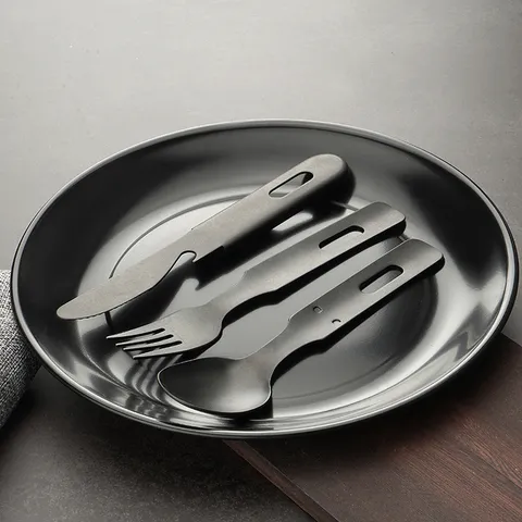 Retro Titanium Plated Stainless Steel Cutlery Set Portable Outdoor Camping Tableware Knife Fork Spoon With Bottle Opener