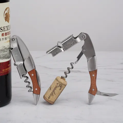 Roestvrij Stalen Wijnflesopener Multifunctioneel Zeepaardje Mes Klassiek Houten Handvat Korkenzieher Barware