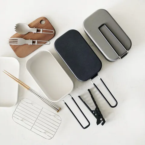 Ensemble de Boîte à Lunch de Camping en Plein Air Aluminium Antiadhésif Mess Tin Bento Box Avec Grille Vapeur et Planche à Découper