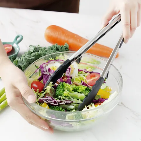 Edelstahl Silikon Lebensmittelzange Rutschfeste Küchenzange Mit Standfüßen Für BBQ Kochen Backen Grill Salat Servierwerkzeuge