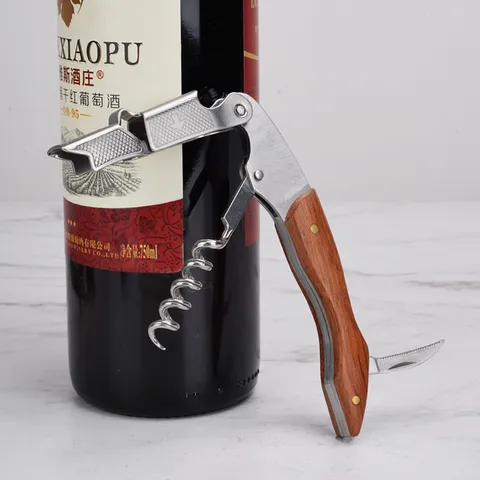 Coltello da Sommelier per Vino in Acciaio Inossidabile con Manico in Legno Multifunzionale Apribottiglie Portatile per Cucina Bar