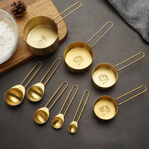 Stainless Steel Measuring Cups And Spoons Gold And Original Color Baking Measurement Tool Kitchen Gadget