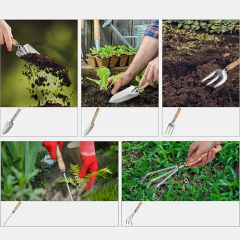 Edelstahl Gartengeräte Set Gartenschaufel Rechen Jäteisen Handkultivator Werkzeuge Mit Holzigem Griff Für Heim Garten Pflanzung