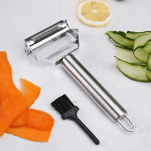 Pelador de Doble Cabezal de Acero Inoxidable Rallador Multifuncional de Frutas y Verduras Pelador de Patatas con Cepillo de Limpieza