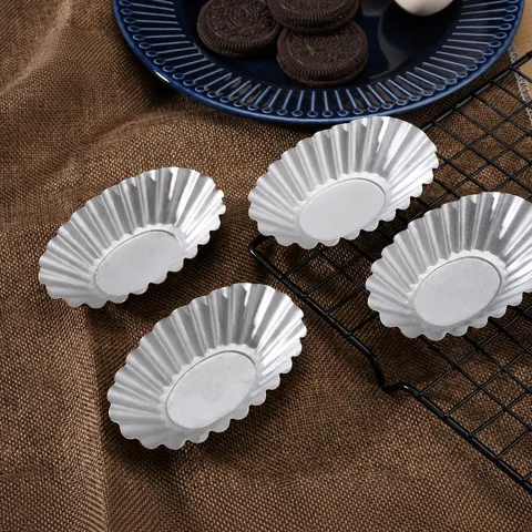 Large Oval Egg Tart Mold Non-Stick Carbon Steel Tartlet Mold Fluted Quiche Pan Champagne Color Baking Tool For Kitchen Pastry