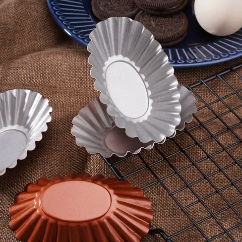 Large Oval Egg Tart Mold Non-Stick Carbon Steel Tartlet Mold Fluted Quiche Pan Champagne Color Baking Tool For Kitchen Pastry