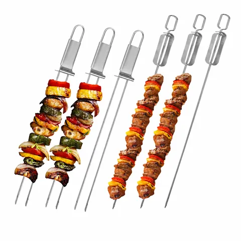 Stainless Steel Barbecue Fork Semi-Automatic BBQ Skewer Outdoor Portable Grilling Tool with Push Handle