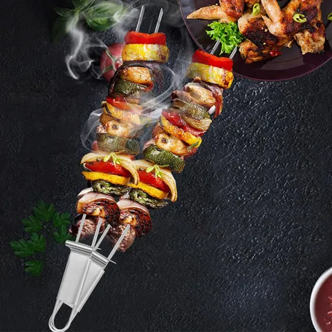 Stainless Steel Barbecue Fork Semi-Automatic BBQ Skewer Outdoor Portable Grilling Tool with Push Handle