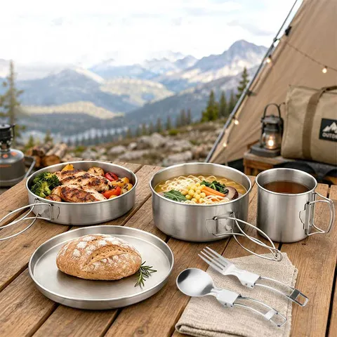 Stainless Steel Camping Cookware Set Portable Outdoor Mess Kit Pot Pan Cup Folding Spoon Fork Hiking Picnic Tableware