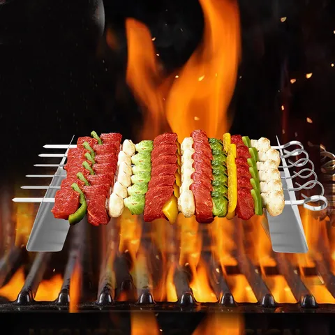 SeV Souvlakia BBQ apo Anokseidwto Atsali me Forith Sxara Metalika Souvlakia gia Camping kai Psirsimo