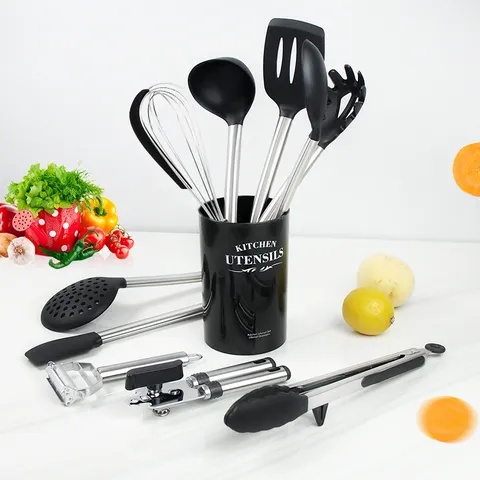 Heat Resistant Silicone Kitchen Utensils Set Stainless Steel Handle Non-Stick Cookware Kitchen Tools Set
