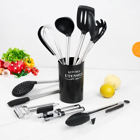 Stainless Steel Silicone Kitchen Utensils Set Heat Resistant Cooking Tools Spatula Ladle Whisk Non-Stick Cookware