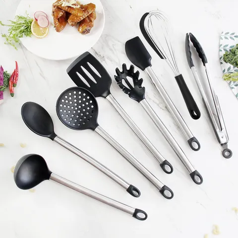 Stainless Steel Silicone Kitchen Utensils Set Heat Resistant Cooking Tools Spatula Ladle Whisk Non-Stick Cookware