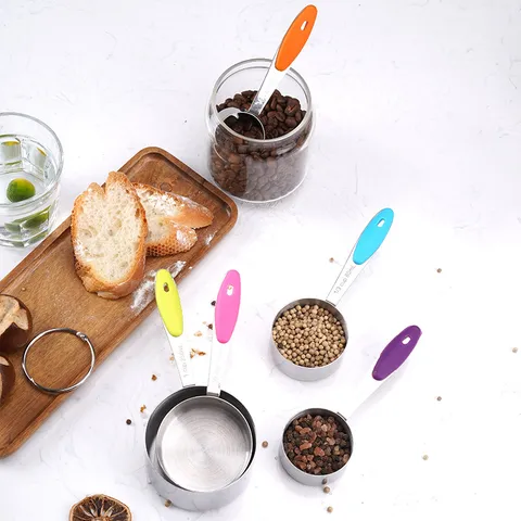 Stainless Steel Measuring Cups And Spoons 5 Piece Set Baking Cooking Dry And Liquid Ingredients With Silicone Handle