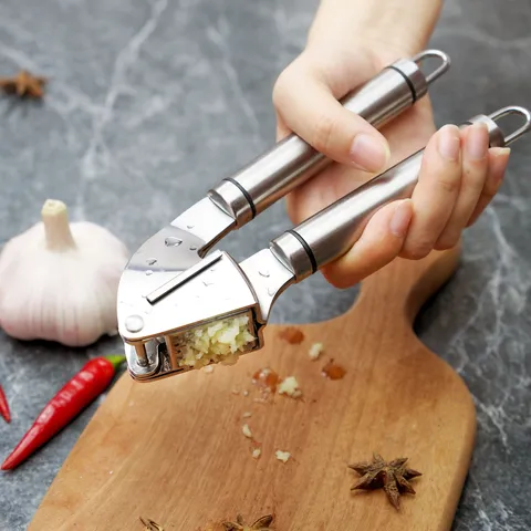 Prensa Ajos de Acero Inoxidable Cocina Picadora de Ajos Trituradora de Ajos Herramienta de Prensa de Ajo Manual con Cepillo de Limpieza y Tubo Pelador