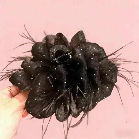 Grande Pince à Cheveux Noir Blanc Filet Plume Strass Pince Mâchoire Élégant Princesse Accessoires de Cheveux pour Femmes Filles