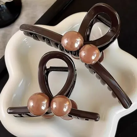 Harz Haarkralle Schokolade Braun Künstliche Perle Haarklammer Elegant Rutschfeste Kieferklammer Für Damen Tägliches Styling