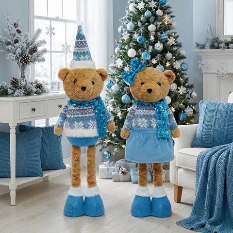 Festive Christmas Telescopic Teddy Bear Plush Doll Sequin Sweater Long Legs Bear Home Table Desktop Ornaments Atmosphere Decoration Gift