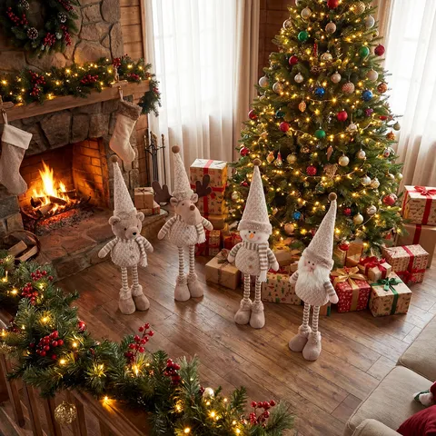 Khaki Christmas Knitted Hat Retractable Legs Santa Reindeer Snowman Bear Figurine Standing Xmas Home Party Decoration Ornaments