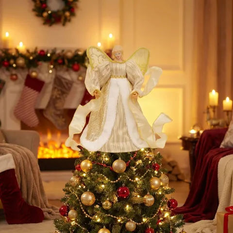 Christmas Tree Topper Angel Figurine With Delicate Wings Glitter Plush Dress Traditional Angel Tree Topper Holiday Decoration Party Ornaments