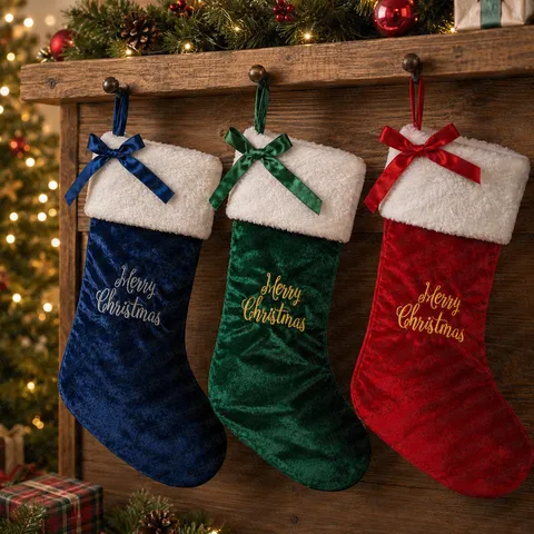 Acrylic Velvet Christmas Stockings Red Green Blue Bow Embroidery Merry Christmas Gift Bags For Fireplace Holiday Party Decor