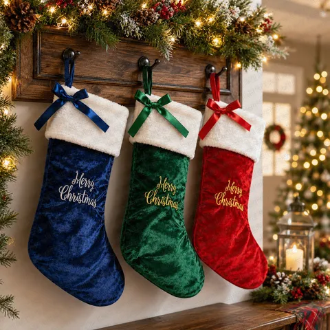 Acrylic Velvet Christmas Stockings Red Green Blue Bow Embroidery Merry Christmas Gift Bags For Fireplace Holiday Party Decor