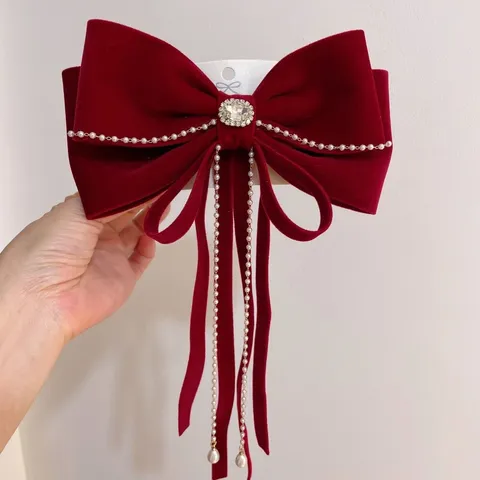 Wijnrood Fluweel Strik Haarspeld Kunstmatige Parel Kwast Strass Elegante Haarspelden Voor Vrouwen Bruiloft Haaraccessoires