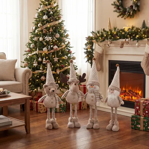 Khaki Christmas Knitted Hat Retractable Legs Santa Reindeer Snowman Bear Figurine Standing Xmas Home Party Decoration Ornaments