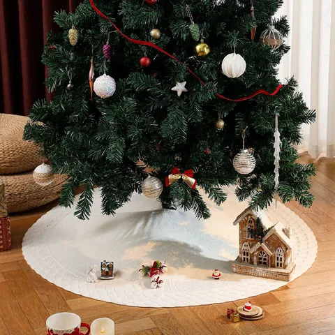White Knitted Christmas Tree Skirt Cloud Wave Pattern Festive Holiday Base Decor Round Tree Apron Mat