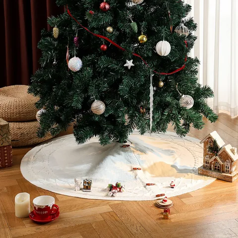 Gonna per Albero di Natale Bianca a Maglia Con Trama a Losanghe Bottoni ad Alamaro in Legno Acrilico Copertura Base Albero Festiva