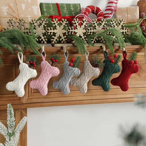 Christmas Cable Knit Bone Shaped Stocking Hanging Ornament Holiday Decoration Acrylic Knitted Pet Theme Stocking For Fireplace Christmas Tree Decor