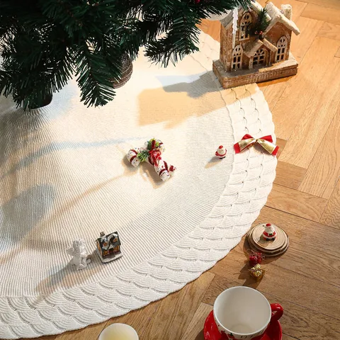 White Knitted Christmas Tree Skirt Cloud Wave Pattern Festive Holiday Base Decor Round Tree Apron Mat