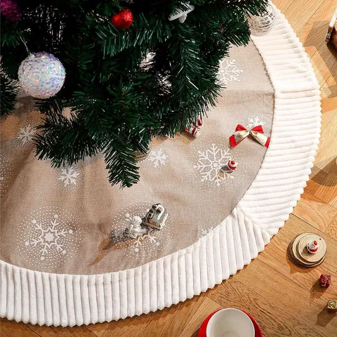 Rustic Burlap Christmas Tree Skirt White Plush Pleated Trim Snowflake Printed Tree Apron Festival Holiday Atmosphere Decoration Home Party Ornament