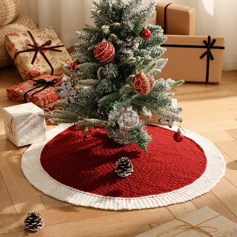 Red White Round Knitted Christmas Tree Skirt Acrylic Xmas Tree Apron Base Cover Ornament For Holiday Party Home Decoration With Bow Knot