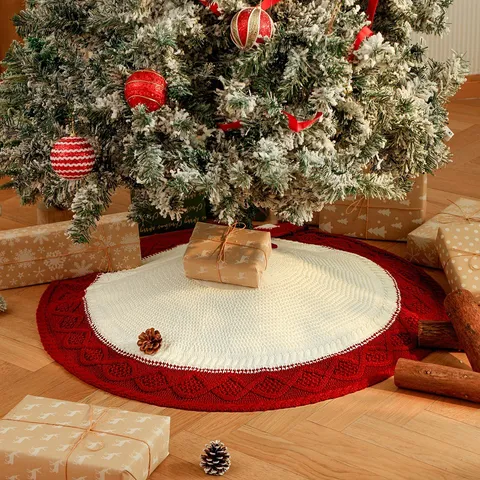 Traditional Cable Knit Christmas Tree Skirt Round Red White Diamond Pattern Christmas Tree Apron Home Party Festival Holiday Ornament