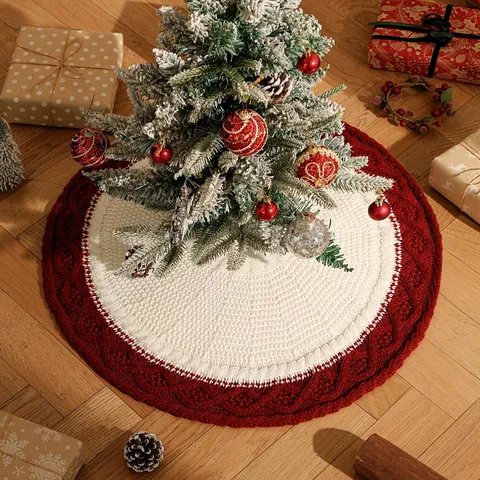 Traditional Cable Knit Christmas Tree Skirt Round Red White Diamond Pattern Christmas Tree Apron Home Party Festival Holiday Ornament