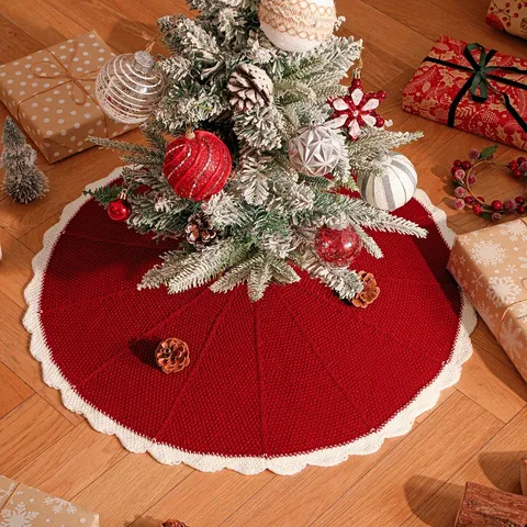 Falda de Árbol de Navidad Festiva de Acrílico Tejido de Punto Patrón Creativo de Pétalos de Corazón Rojo Alfombra Decorativa de Suelo
