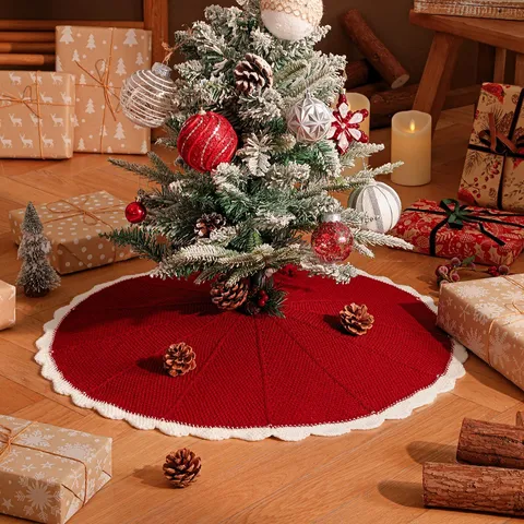 Falda de Árbol de Navidad Festiva de Acrílico Tejido de Punto Patrón Creativo de Pétalos de Corazón Rojo Alfombra Decorativa de Suelo