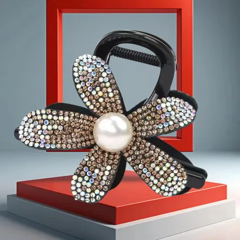 Pince à Cheveux Élégante Fleur Perle Strass Pince Bec de Canard Cristal Scintillant Accessoires Cheveux Femme