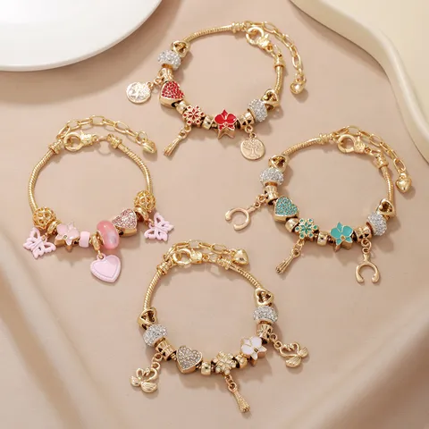 Braccialetto Portafortuna Oro Lusso per Donna Lega di Zinco Strass Fiore Nappa Cuore Ciondolo Catena Serpente Bracciale Gioielli