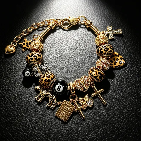 Retro Pulsera de Dijes de Cruz de Aleación de Zinc Estampado de Leopardo Oro Strass Resina Ocho Negro Villar Pulsera de Cadena de Serpiente Joyería Regalo Unisex