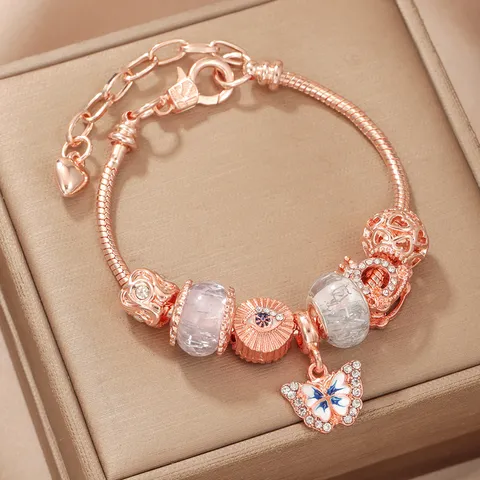 Dolce Braccialetto Charm Fai da Te in Lega di Zinco Oro Rosa da Donna Rosa Strass Cuore Farfalla Foglia Ciondolo Catena a Serpente Gioielli