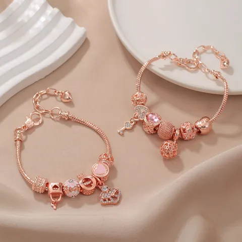 Dolce Braccialetto con Charm in Lega di Zinco Oro Rosa Con Pendente a Ventaglio Lucchetto d'Amore Cuore Corona Strass Perline Catena a Serpente per Donna Ragazza Gioielli