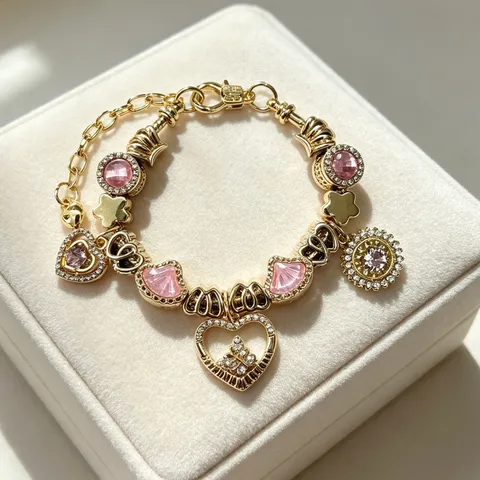 Lussuoso Braccialetto con Ciondoli in Lega di Zinco da Donna Oro Rosa Strass Cuore Corona Fiore Pendente Catena Braccialetto Luce Lusso Industria Pesante Gioielli Mano Regalo