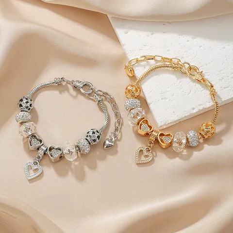 Dolce Braccialetto con Ciondolo a Cuore in Strass di Lega di Zinco per Donna Galvanico Corona Rete Perline Catena a Serpente Gioielli Regalo
