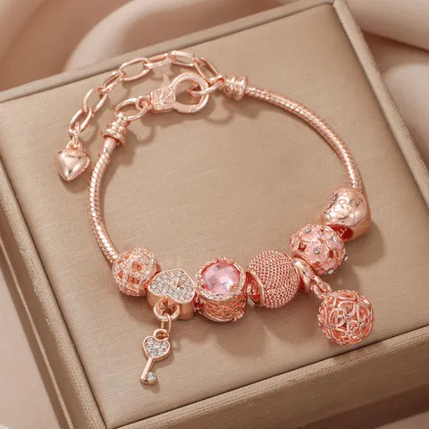 Dolce Braccialetto con Charm in Lega di Zinco Oro Rosa Con Pendente a Ventaglio Lucchetto d'Amore Cuore Corona Strass Perline Catena a Serpente per Donna Ragazza Gioielli