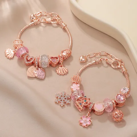 Sweet Rose Gold Plated Charm Bracelet With Crystal Rhinestone Flower Snowflake Heart Pendant Beads Snake Chain Charm Bangle Jewelry Valentine Day Gift For Women