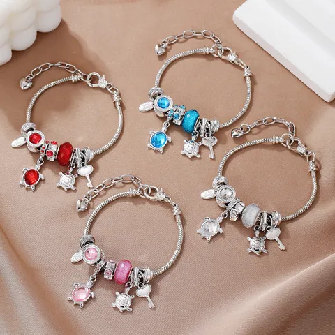 Bracciale Charm Fai da Te Serie Ocean Tartaruga Marina in Lega con Strass Pendente a Tartaruga Catena a Serpente Gioielli Donna