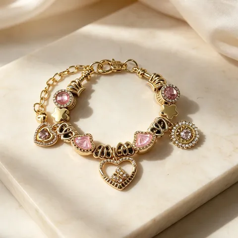 Lussuoso Braccialetto con Ciondoli in Lega di Zinco da Donna Oro Rosa Strass Cuore Corona Fiore Pendente Catena Braccialetto Luce Lusso Industria Pesante Gioielli Mano Regalo